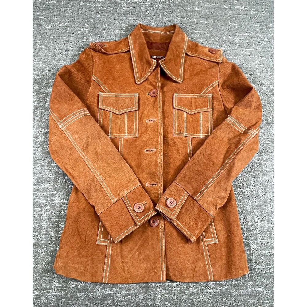 Jennyfer J Women’s burnt orange Suede 100% Leather Button front Jacket M medium